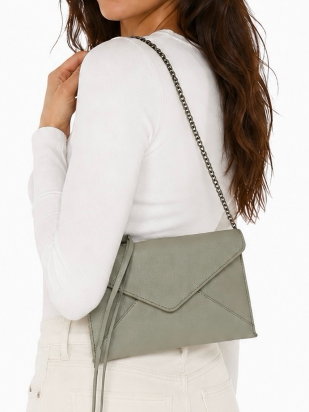 Rebecca Minkoff Light Gray Envelope Crossbody Chain Strap leather minimalist lux
